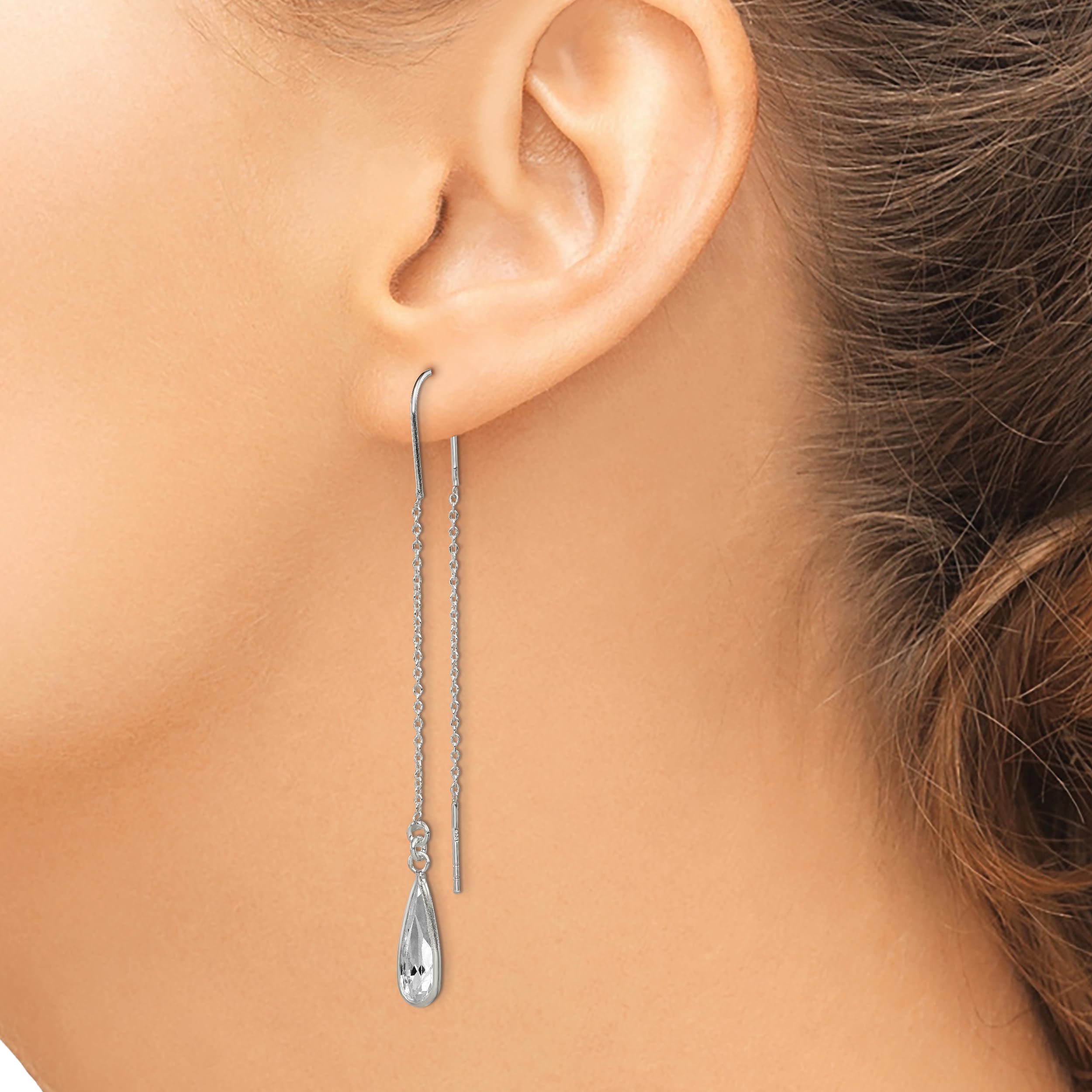 925 Silver Teardrop Threader Earrings with Rhinestones for Women