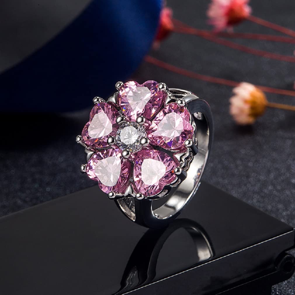 925 Sterling Silver Flower Cluster Ring for Women - Pink Heart Cubic Zirconia Promise Ring, Halo Engagement Wedding Band, Eternity Ring Size 6 | Perfect for Valentine's Day, Anniversary Gift & Romantic Occasions