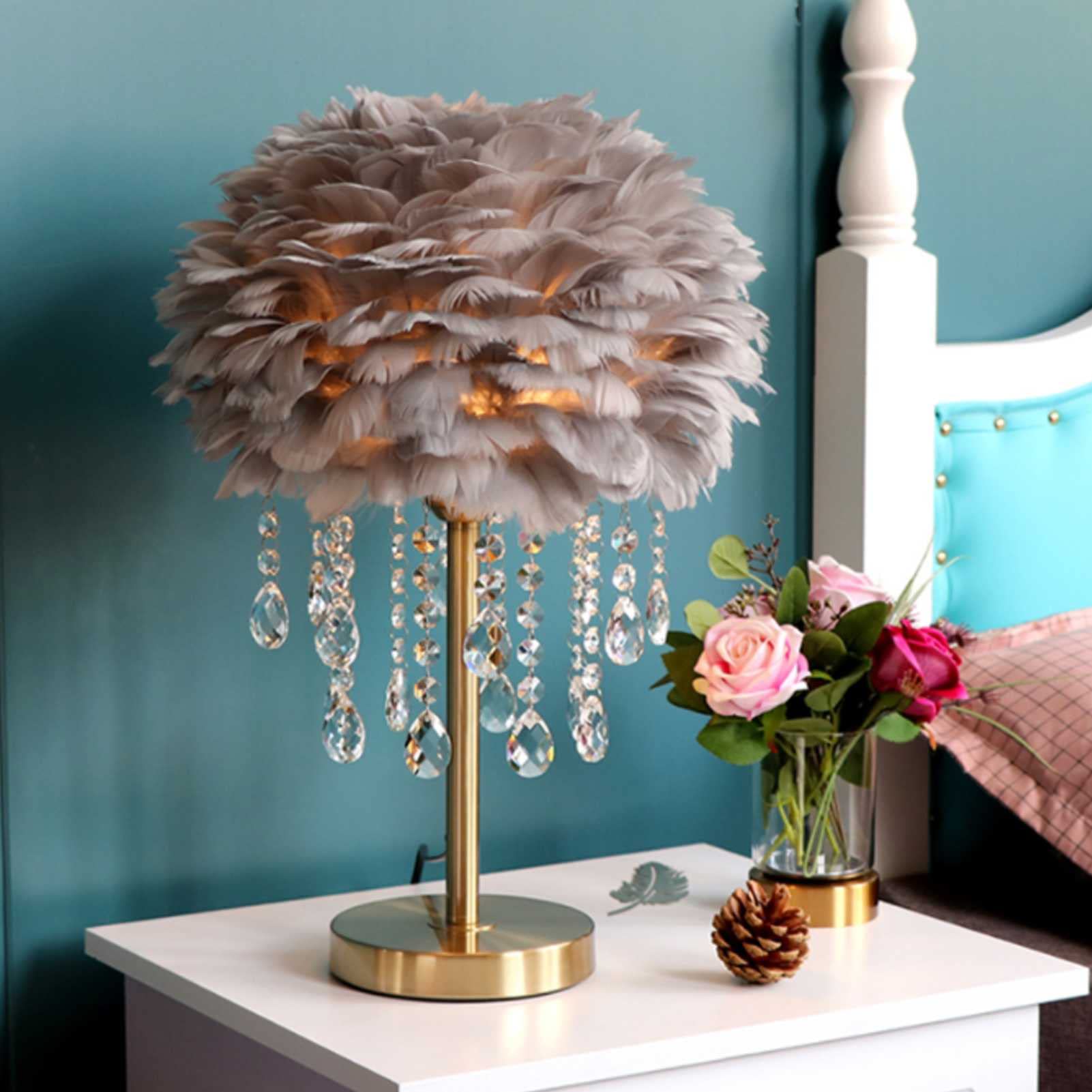 Crystal Bedside Table Lamp with Artificial Feather Shade - Elegant Nightstand Lighting for Bedroom, Living Room & Office | Perfect for Reading, Relaxation & Home Decor