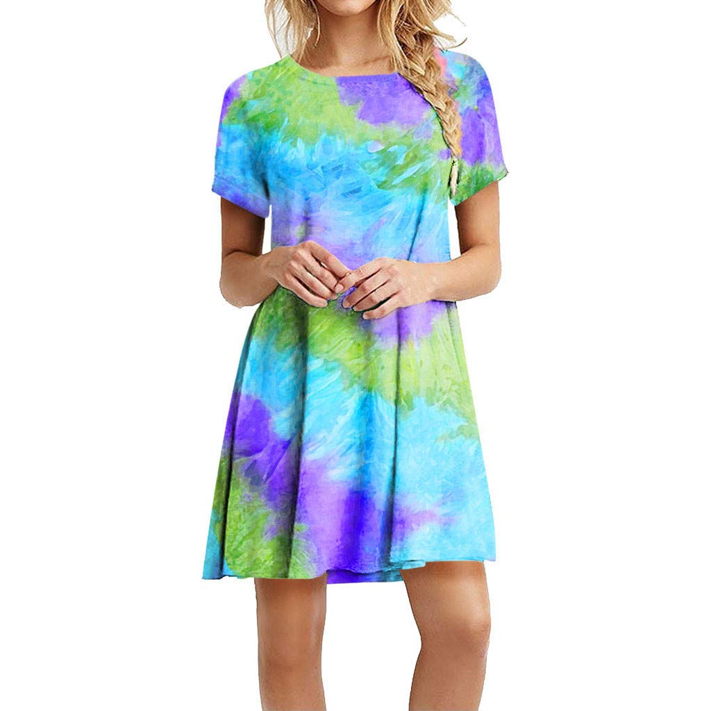 Behkiuoda Women's Floral Print Summer Dress with Pockets - Short Sleeve Casual Swing Sundress for Beach, Vacation & Outdoor Activities