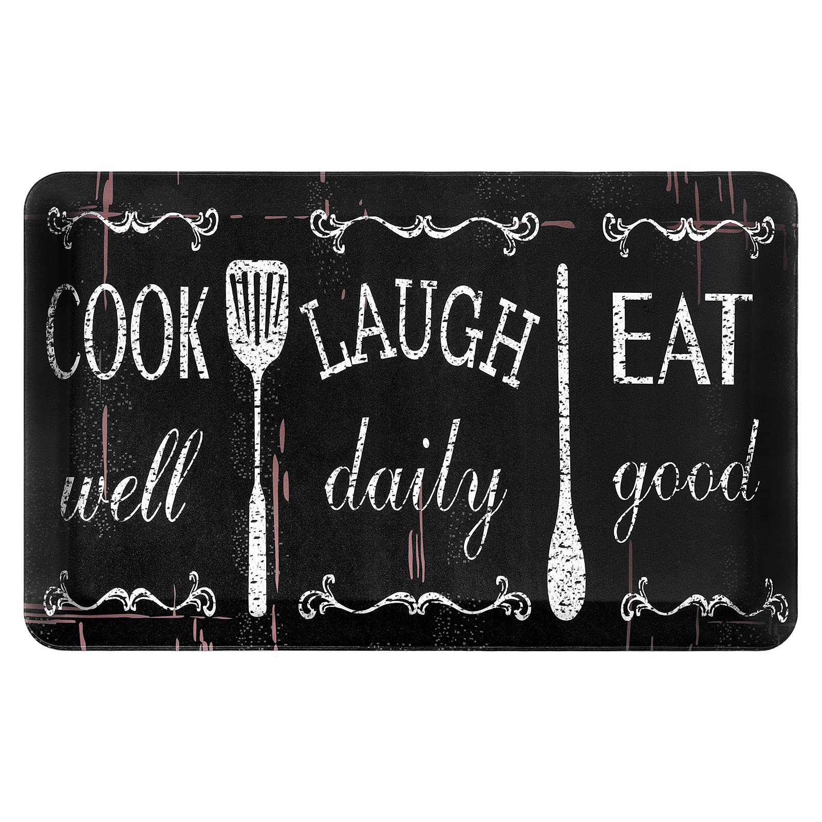 Premium Anti-Fatigue Kitchen Rug - 15mm Thick Cushioned Standing Mat for Kitchen & Office, Non-Slip Durable Floor Mat with Spill Resistant Design, Decorative Comfort Mat for Home Kitchen (Motto Black) - Perfect for Cooking, Baking, Dishwashing & Long Standing Work Sessions
