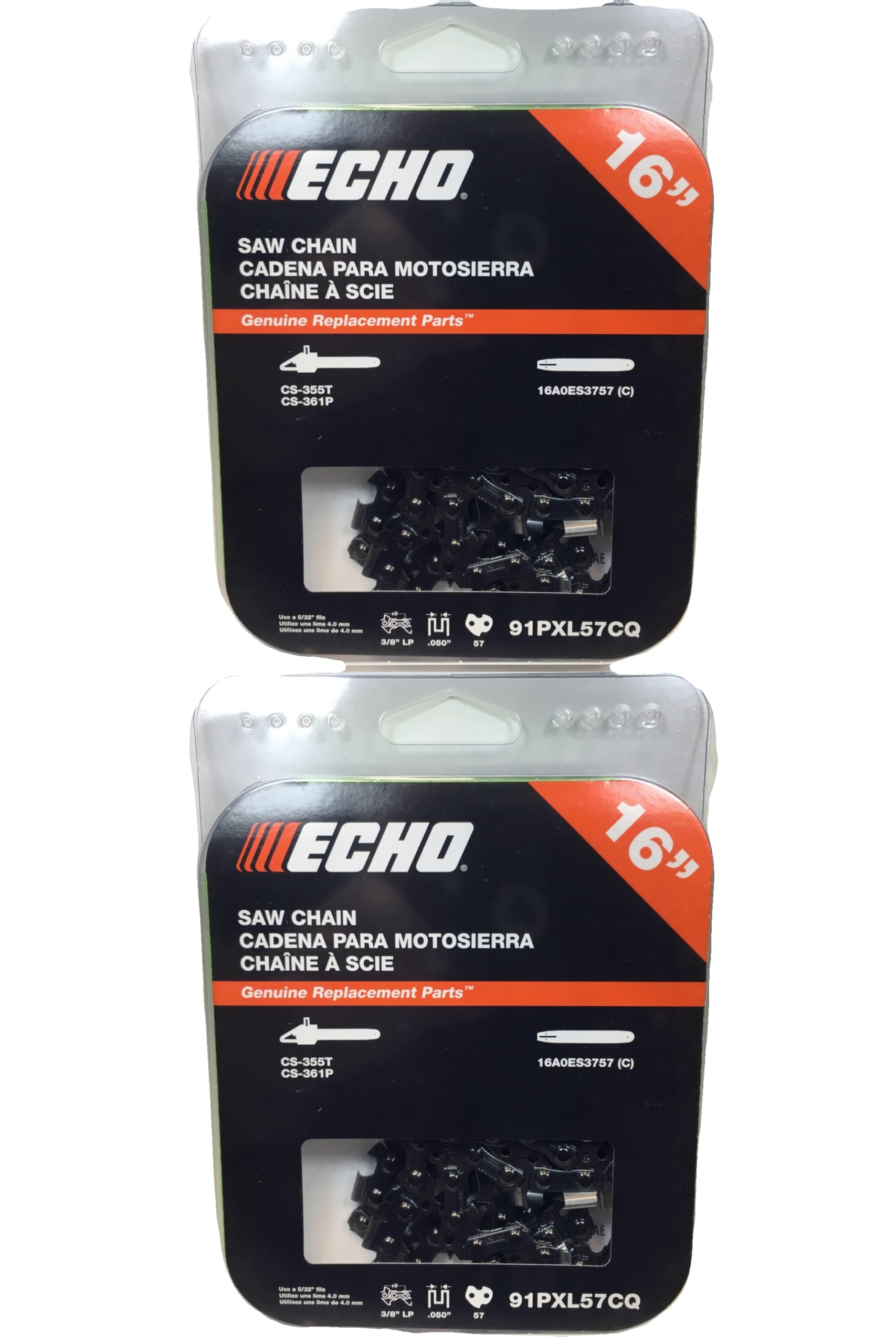 2-Pack Genuine Echo 91PXL57CQ 16-Inch .050 Gauge 3/8-Inch Low Profile Chainsaw Chain Loop - Compatible with Echo CS-310, CS-330, CS-340 Chainsaws - Ideal for Tree Trimming, Firewood Cutting, and Landscaping