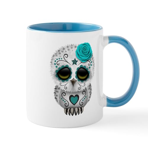White/Blue Inside - Cute Teal Blue Day Of The Dead Sugar Skull Owl Mug