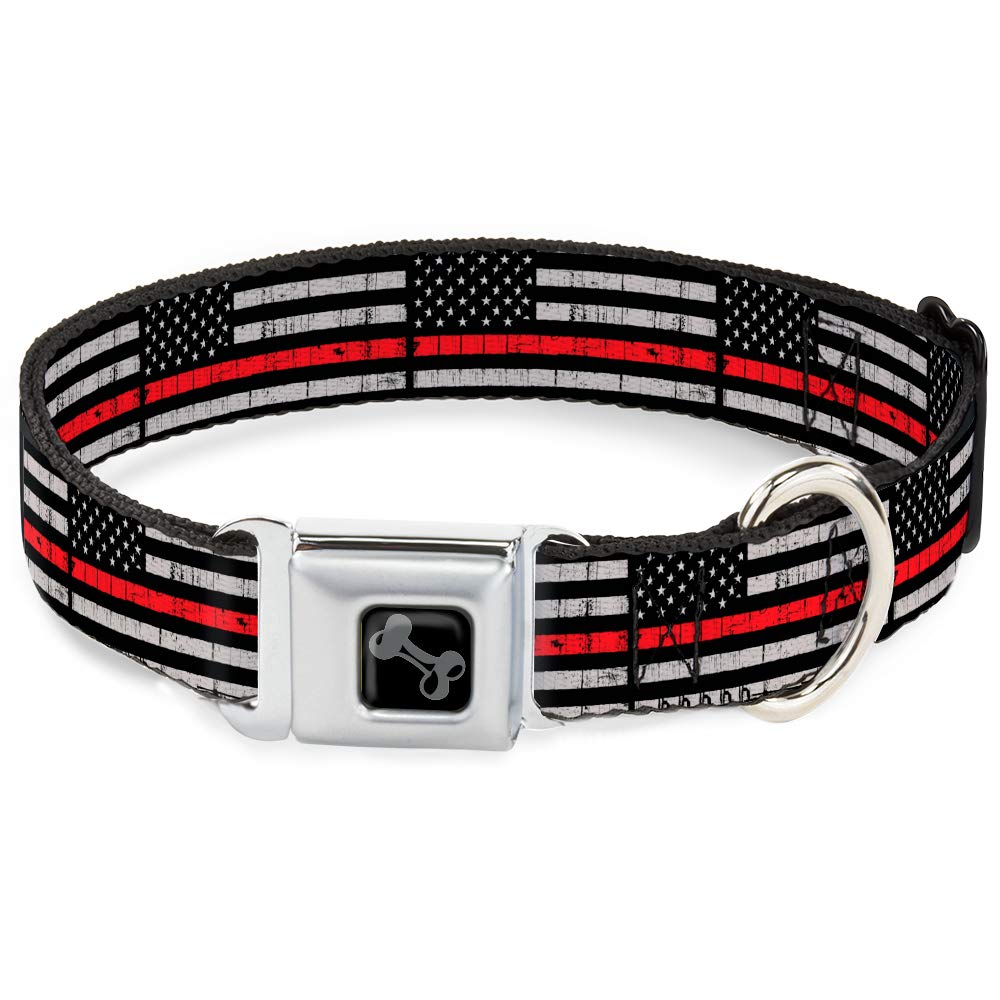 American Flag Dog Collar with Seatbelt Buckle - Thin Red Line Weathered Design, 16-23 Inches Adjustable, 1.5 Inch Wide - Perfect for Patriotic Pet Owners & Outdoor Adventures