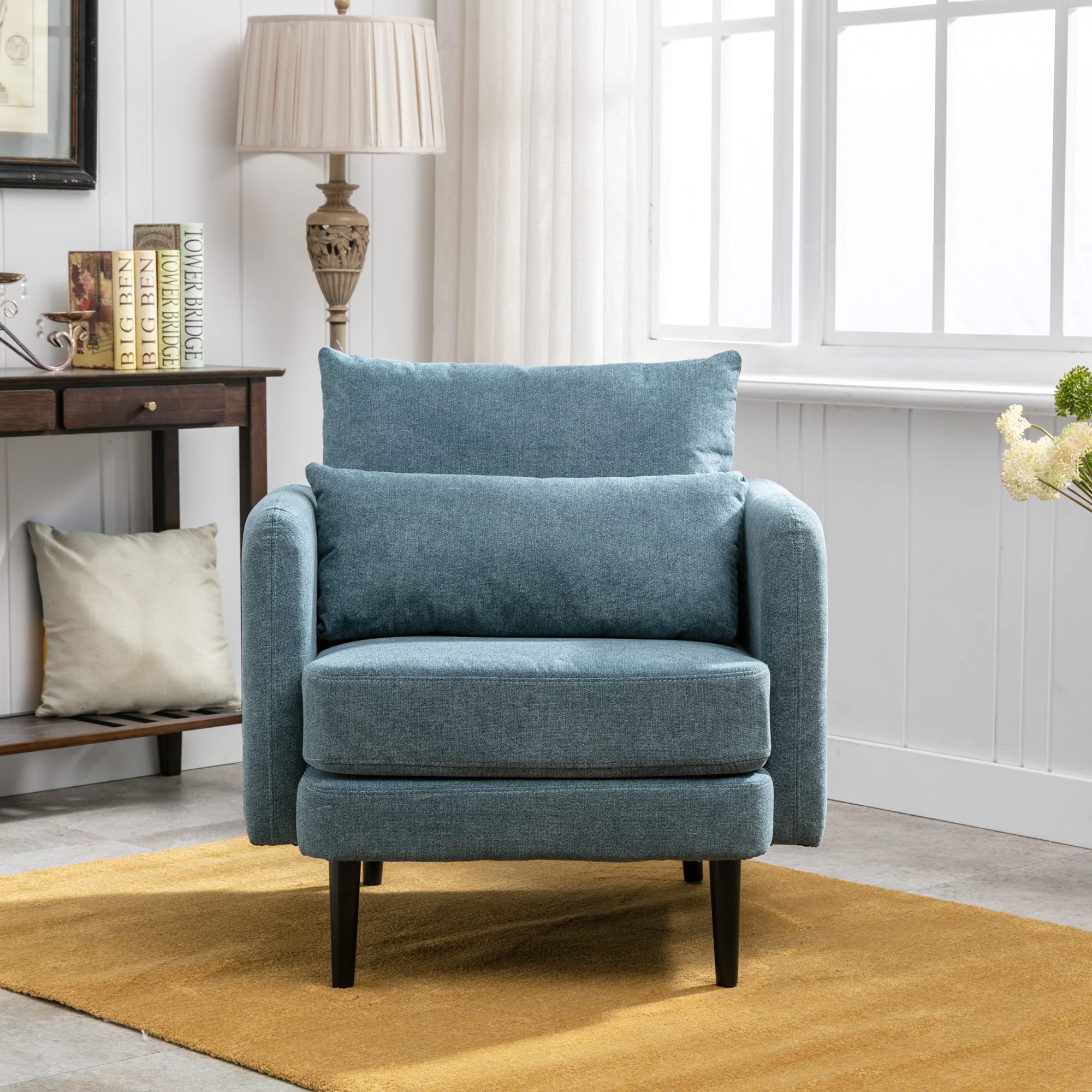 Modern Fabric Accent Arm Chair - High Back Comfy Single Sofa Chair with Solid Wood Legs & Pillow - Navy Blue Living Room, Bedroom, Reading Nook Seating - Perfect for Relaxing, Reading & Home Decor