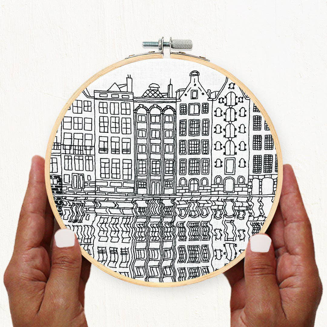 Hand Embroidery Kit - DIY Gingerbread Houses of Amsterdam Christmas Craft for Beginners | Holiday Home Decor & Gift Idea