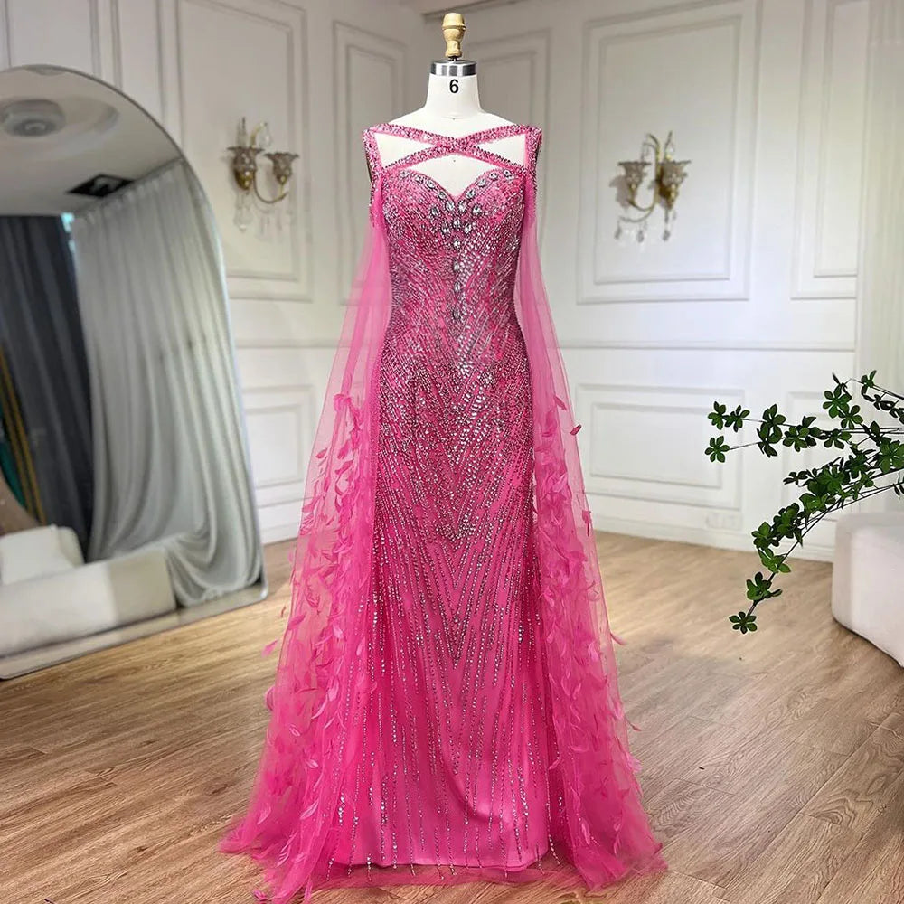 Elegant Fuchsia Mermaid Wedding Dress with Cape Sleeves, Beading & Feather Embellishments - Serene Hill LA72286 for Brides, Bridesmaids & Formal Events