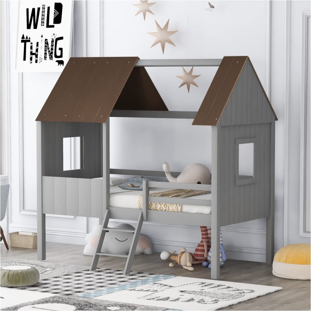 HuaZo Twin Size Low Loft Wood House Bed Frame with Side Windows - Antique Gray & Normal Gray | Kids Bedroom Furniture, Playhouse Style Bed for Boys & Girls