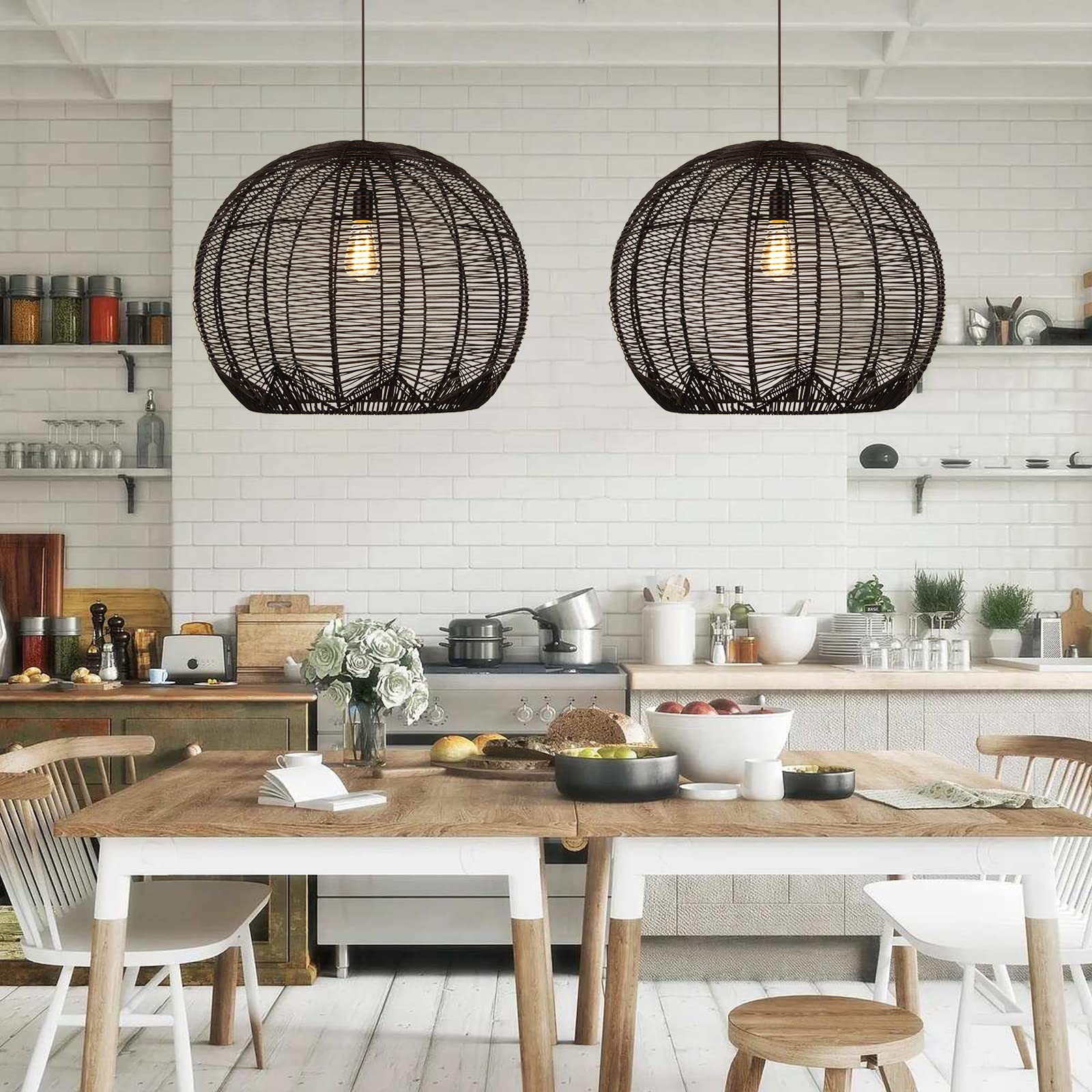 WalmHomie Woven Pendant Light - Black Farmhouse Ceiling Light Fixture with 1-Light Hanging Design for Living Room, Kitchen, Dining Room & Bedroom