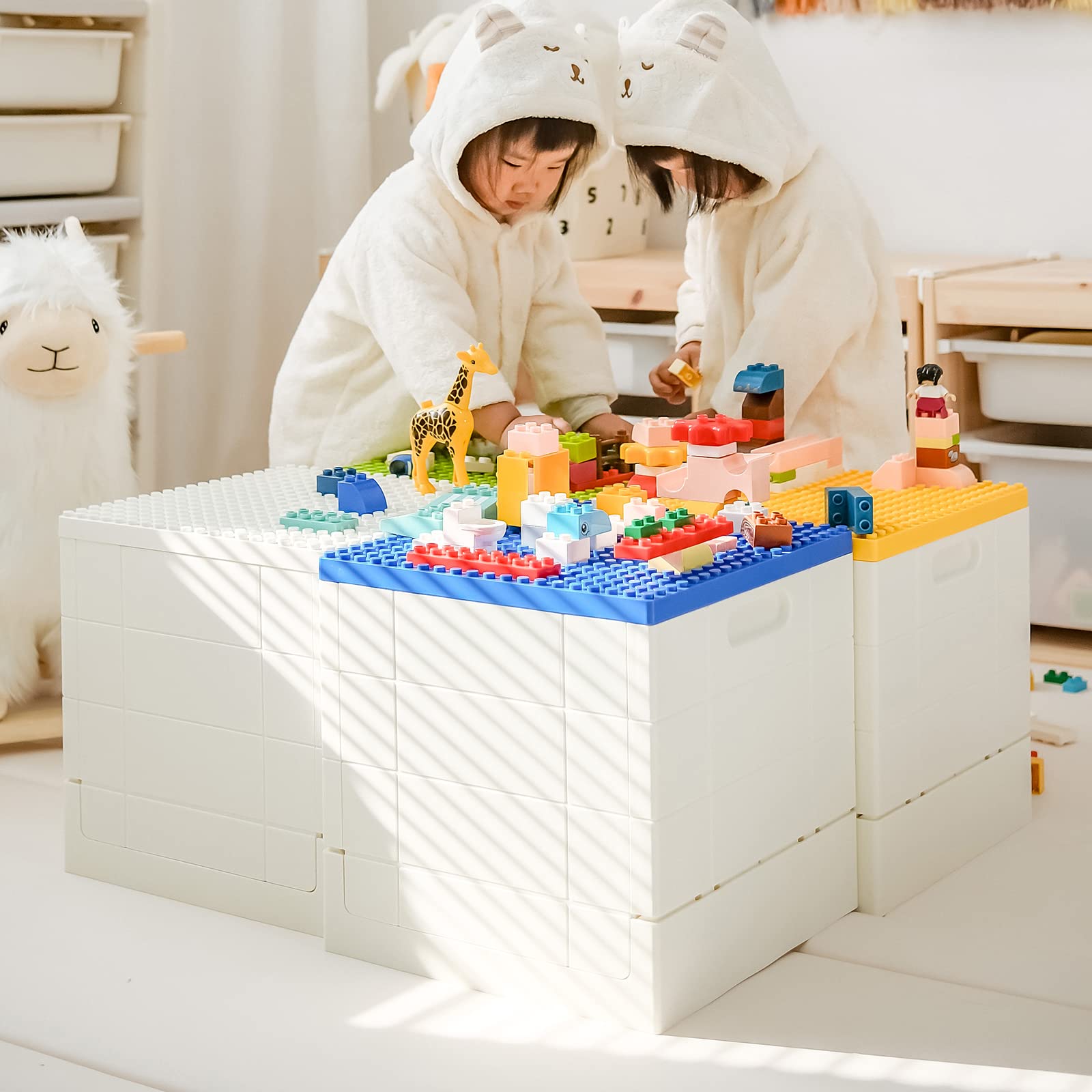 SHIMOYAMA 26 Qt Folding Storage Box with Building Baseplate Lid - Collapsible Toy Organizer for Duplo Blocks & Mega Bloks - 25L Kids Bricks Storage Bin (Yellow) - Perfect for Playroom Organization & LEGO Storage Solutions