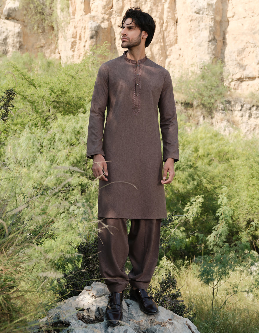 Elegant Blended Brown Shalwar Kameez by J. Junaid Jamshed - Traditional Pakistani Outfit for Weddings, Eid & Special Occasions