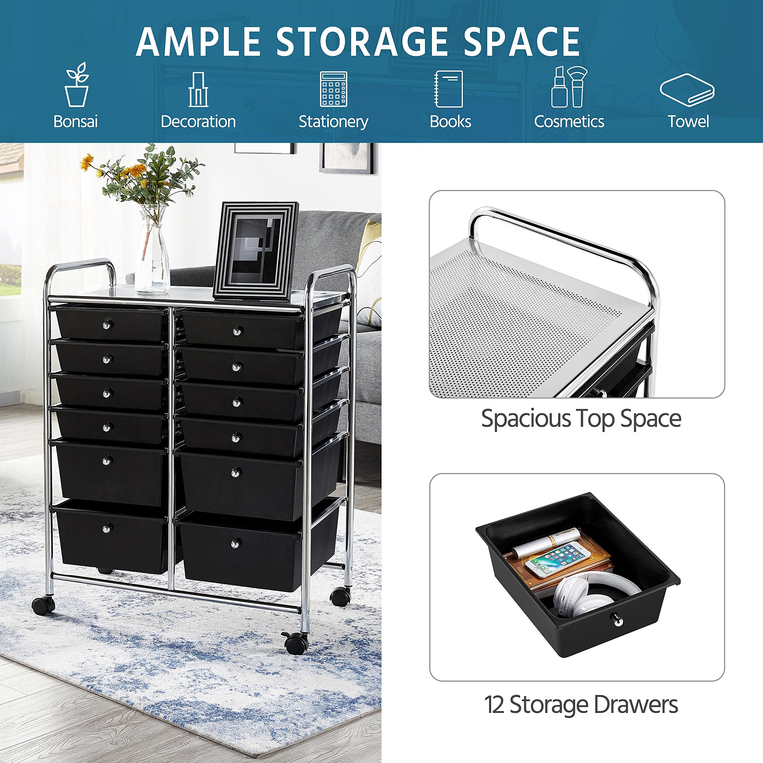 Yaheetech 12-Drawer Rolling Cart - Mobile Storage Organizer for Home & Office