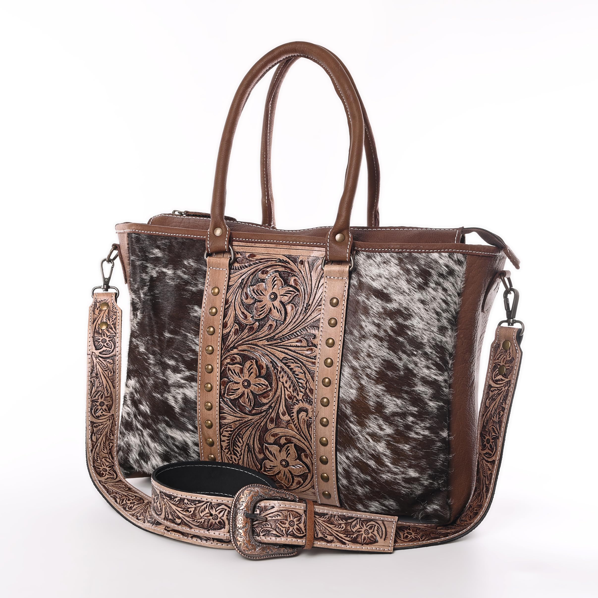 Western Cowhide Hair-on Leather Tote Bag for Women - Adjustable Tooled Shoulder Strap Leather Purse - Perfect for Work, Travel & Everyday Use