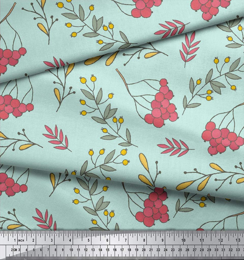 Soimoi Moss Georgette Green Fabric by The Yard - 42 Inch Wide Printed Fabric with Red Berries & Leaves Design - Festive and Timeless Patterns for Seasonal Decor, DIY Crafts, and Home Decoration Projects