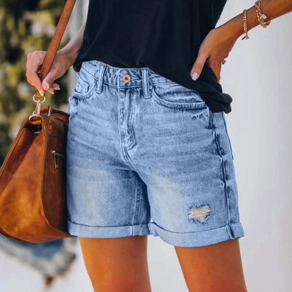 Women's Ripped Denim Shorts - Distressed Stretchy Jeans for Summer Casual Wear