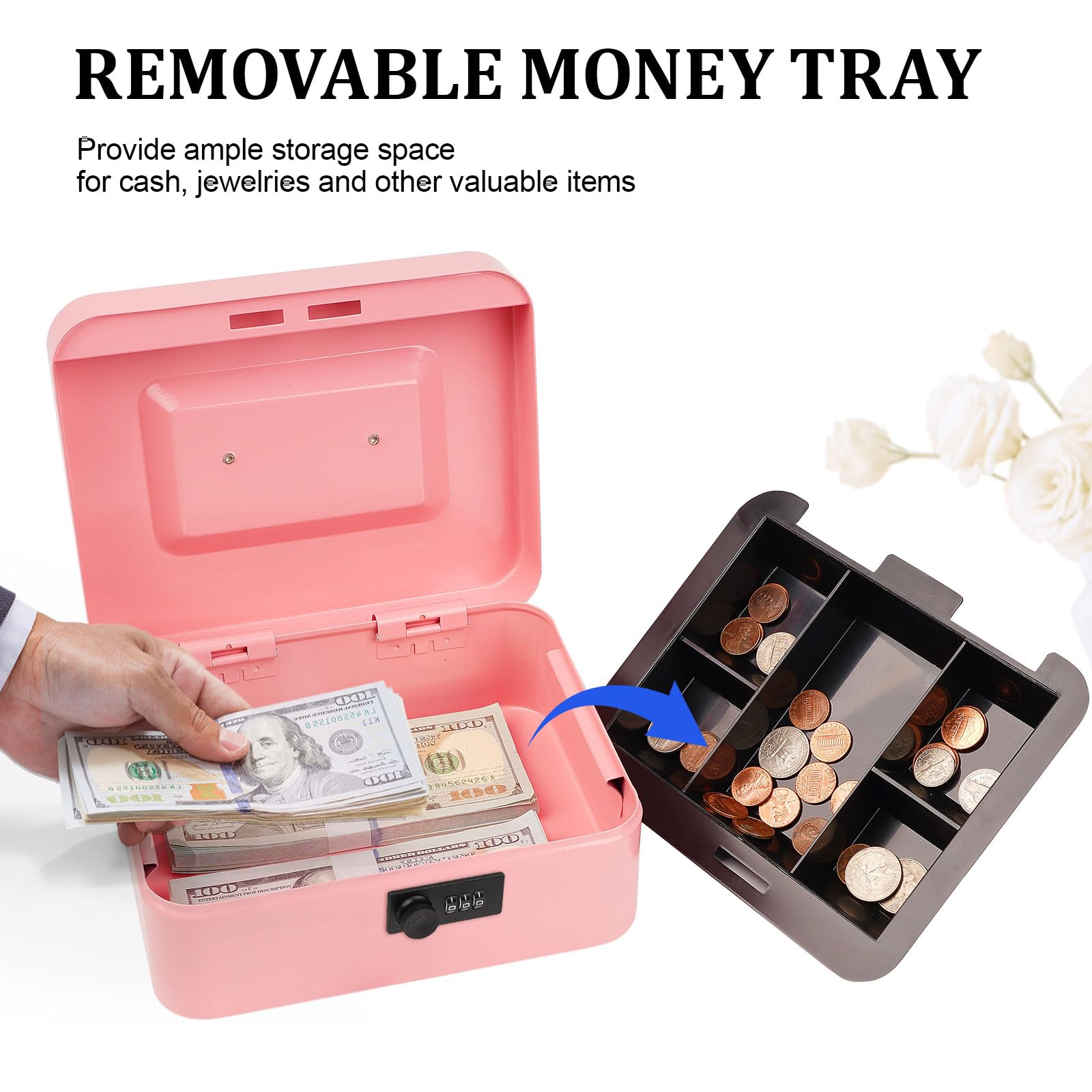 Medium Metal Cash Box with Combination Lock - Durable Money Saving Organizer with Money Tray, Security Lock Safe Box for Office, Small Business, Home & Retail (7.87 x 6.3 x 3.54 inches) - Perfect for Cash Management, Deposit Storage & Daily Transactions