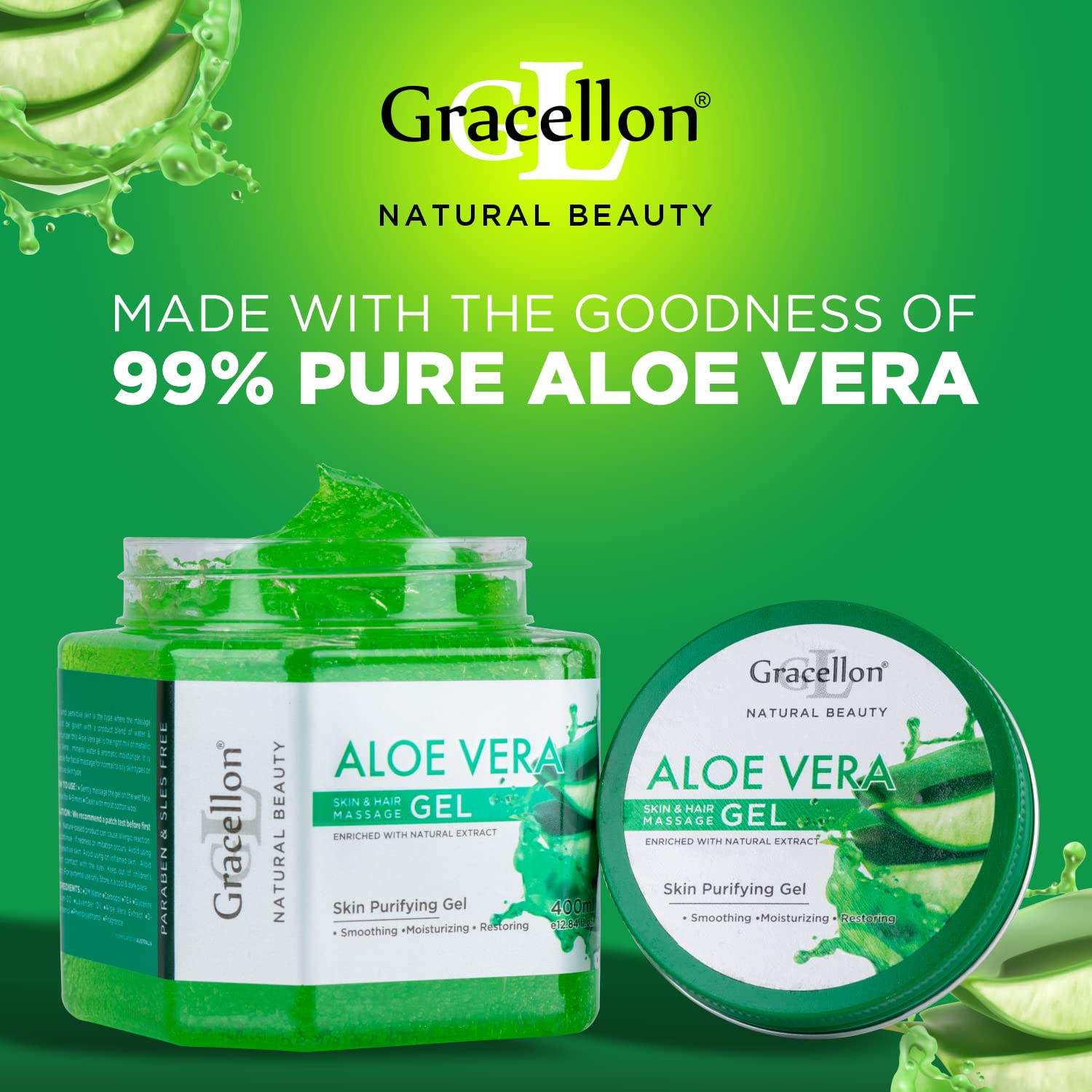 Gracellon Aloe Vera Skin & Hair Purifying Massage Gel - Hydrating & Soothing for Dry Scalp, Sunburn Relief & Daily Hair Care | Perfect for Spa, Home Use & Post-Sun Treatment