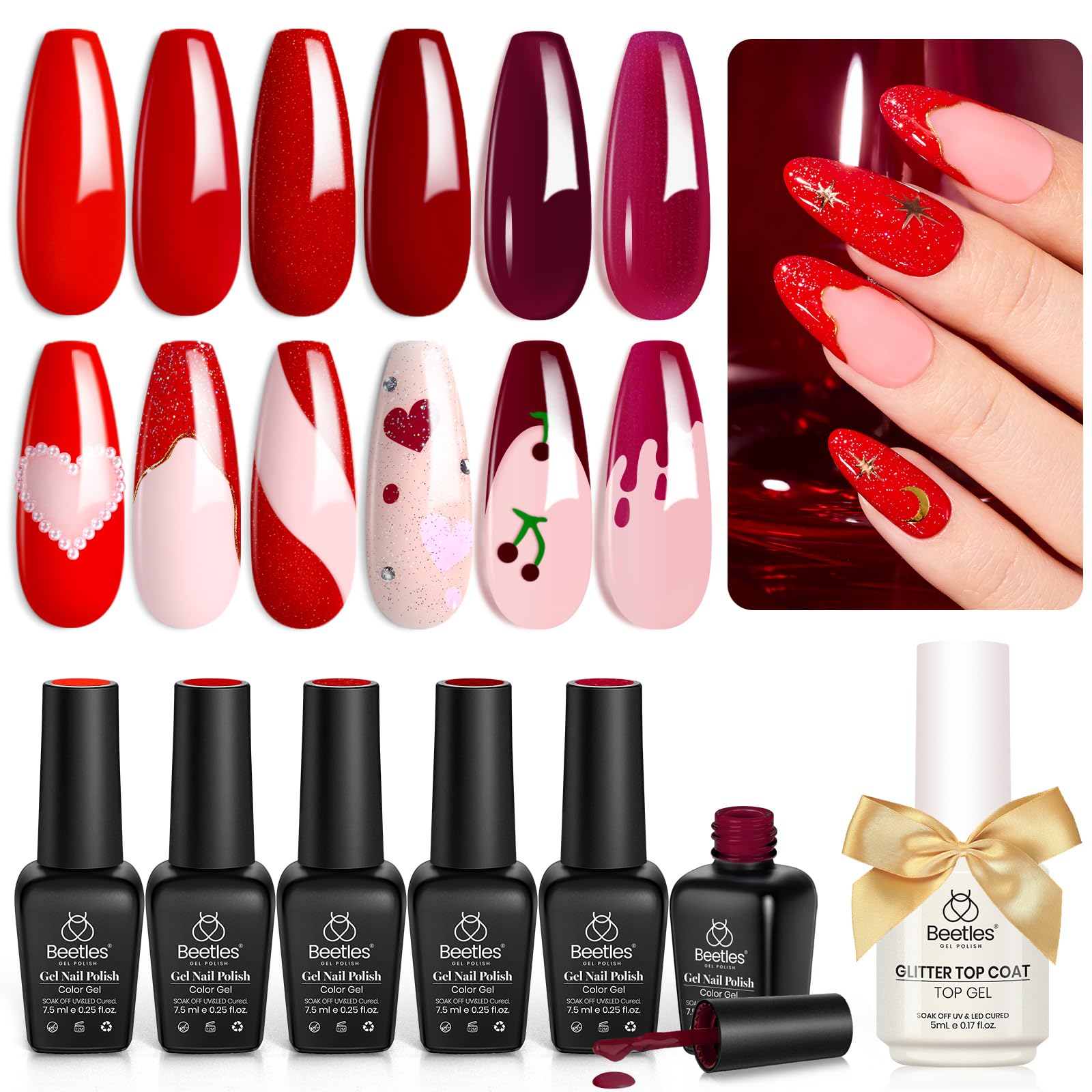 Beetles 6 Colors Red Gel Nail Polish Set with Top Coat - Shimmering Red Burgundy UV LED Soak Off Gel Polish Kit for Nail Art Design | DIY Home Manicure, Perfect Gift for Women | Great for Parties, Weddings & Special Occasions