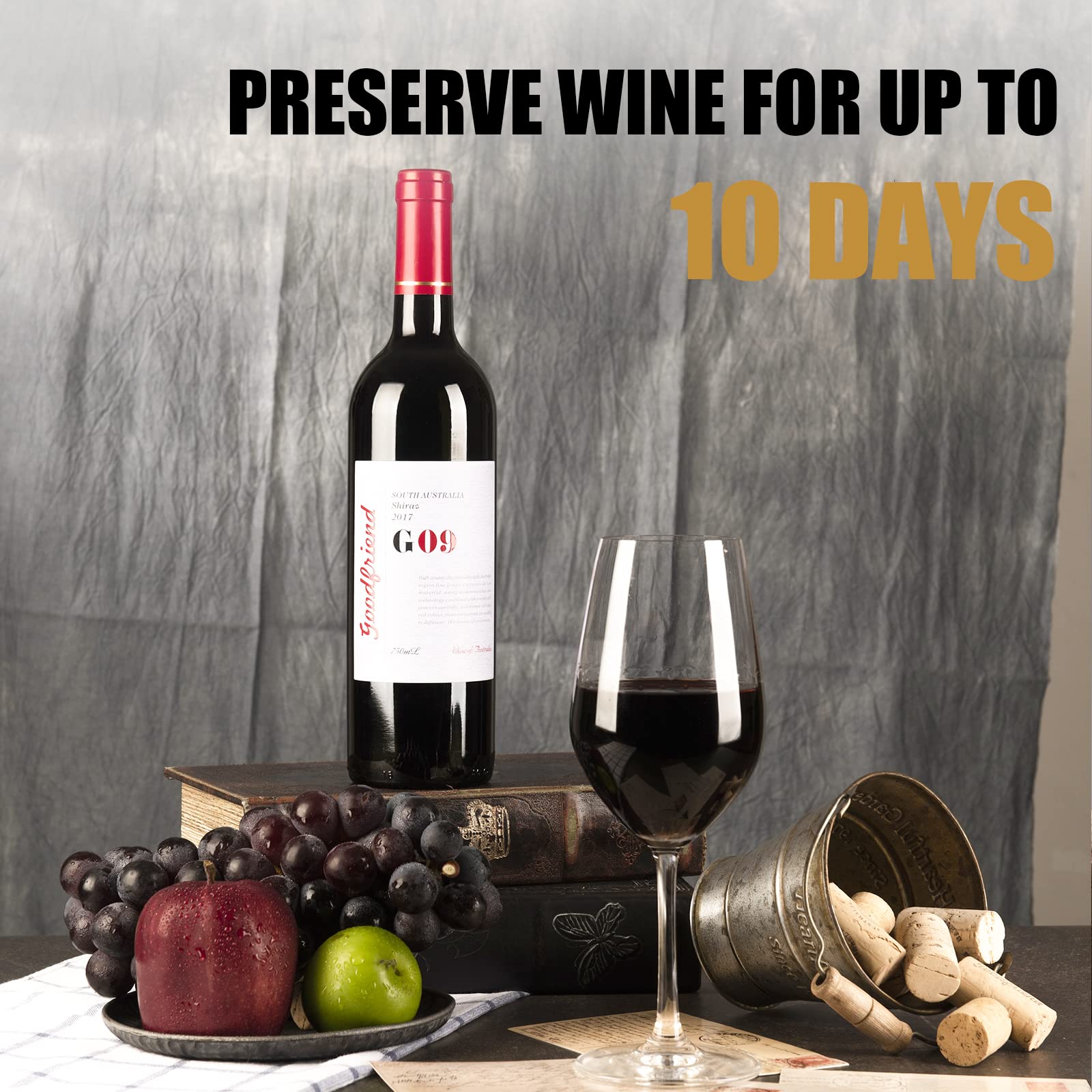 Premium OWO Wine Vacuum Pump with 4 Stoppers - Stainless Steel Wine Saver & Preserver Kit - Reusable Air Remover Pump for Freshness - Perfect for Red, White & Sparkling Wine Preservation at Home or Parties