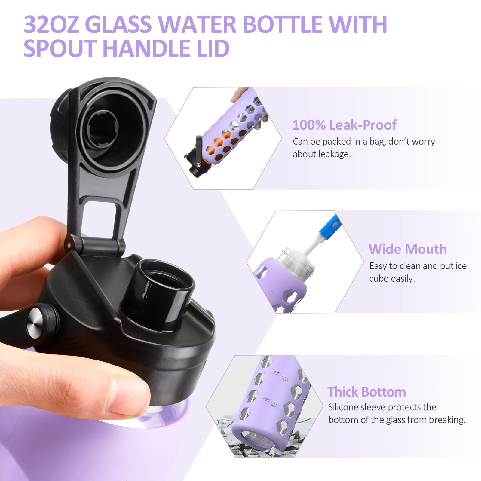 MUKOKO 32oz Glass Water Bottle with 2 Lids - Leakproof Handle Spout & Bamboo Straw Lid, Motivational Time Marker Tumbler with Silicone Sleeve (1 Pack, Purple) - Perfect for Gym, Hiking, Office & Travel Hydration