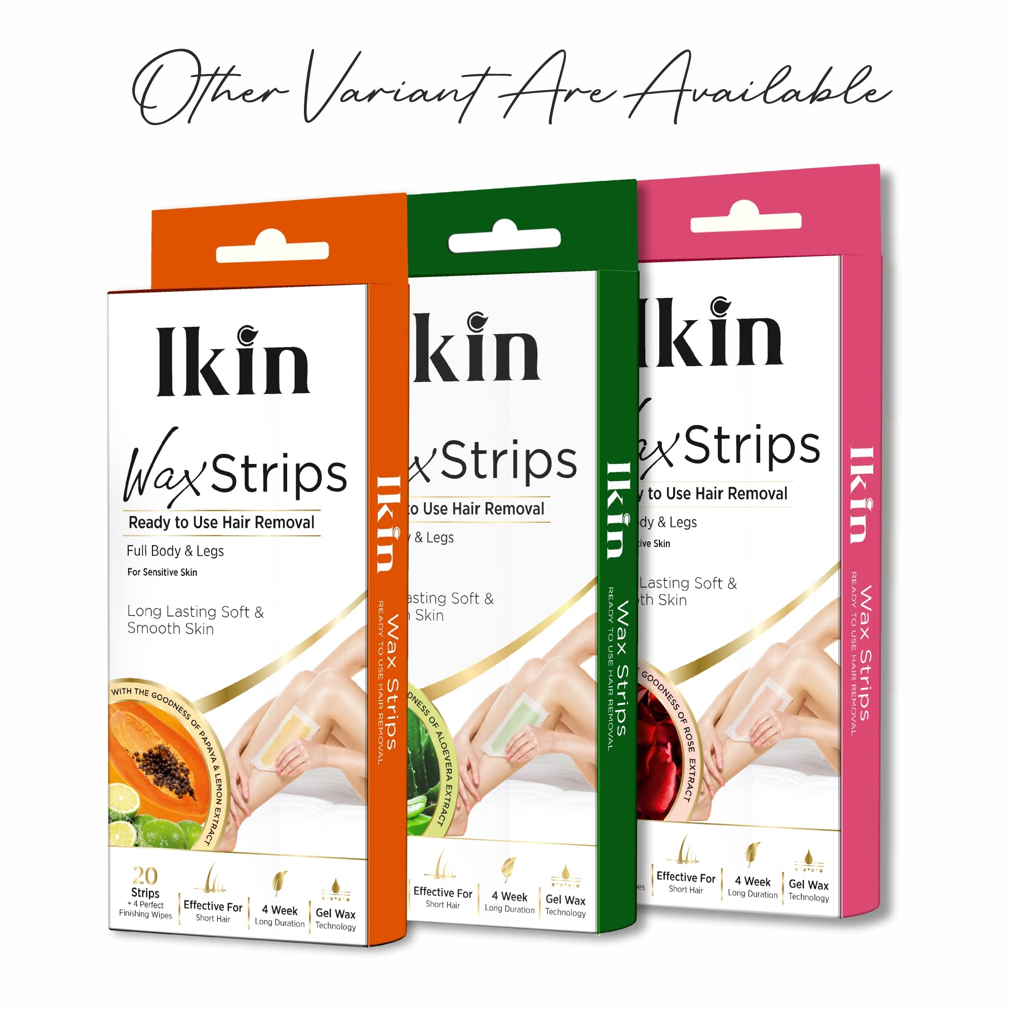 Ikin Instant Wax Strips with Papaya & Lemon Extract for Women - 20 Count | Long-Lasting Hair Removal for Normal Skin | Cold Gel Wax for Soft & Smooth Skin | Up to 4 Weeks of Smoothness | Includes 4 Perfect Wipes | Perfect for Legs, Arms, Bikini & Underarms