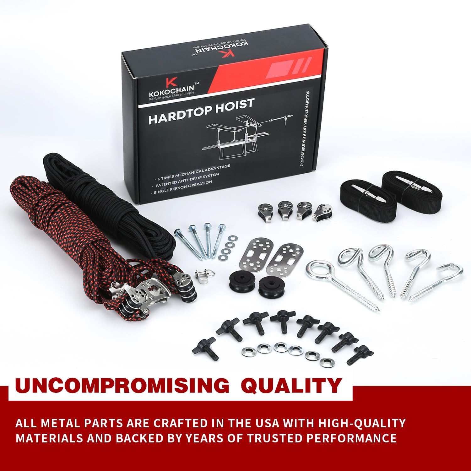 Jeep Wrangler Hard Top Removal Lift - Compatible with JK & JL Models - One-Person Hardtop Hoist with Anti-Drop Safety System - Works with 8-16 ft Ceilings - Includes 6 T Knobs - Perfect for Garage Storage & Off-Road Accessories Installation
