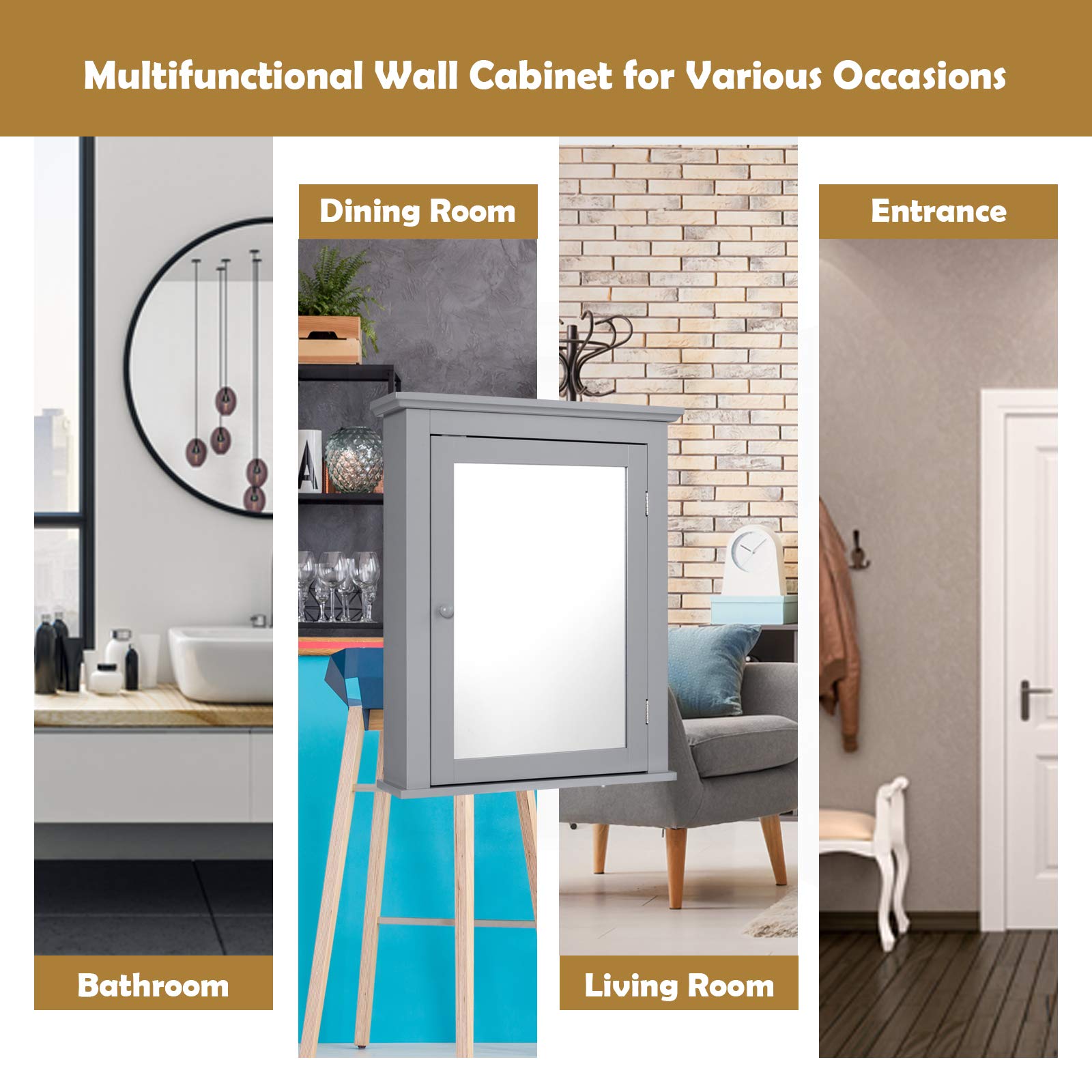GLACER Wall Mounted Bathroom Mirror Cabinet with Adjustable Shelf - 22 x 6 x 27.5 Inches Grey Storage Cabinet for Bathroom, Living Room & Cloakroom - Perfect for Makeup Storage, Medicine Organization & Small Space Decor