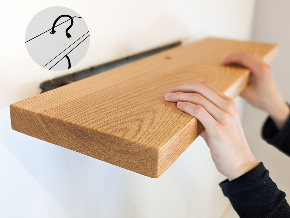 Solid Oak Floating Shelf with Grommet Holes - Heavy Duty Wall Mounted Shelf for Kitchen, Bathroom, Living Room & Office Storage & Decor