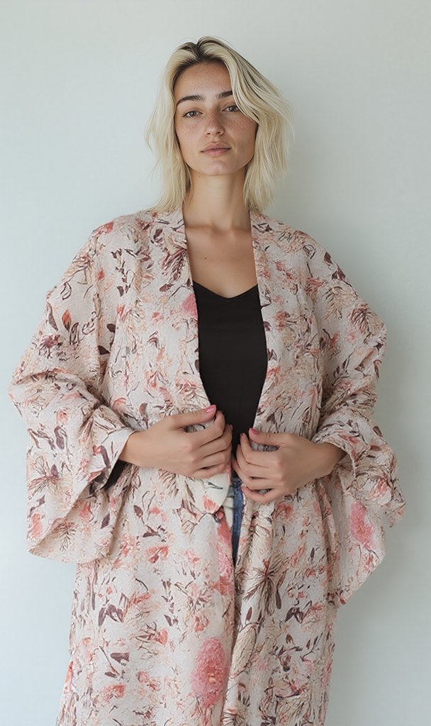 Floral Printed Linen Kimono Robe - Light Beige Japanese Style Cover Up for Women - Perfect for Spa, Beach, and Loungewear