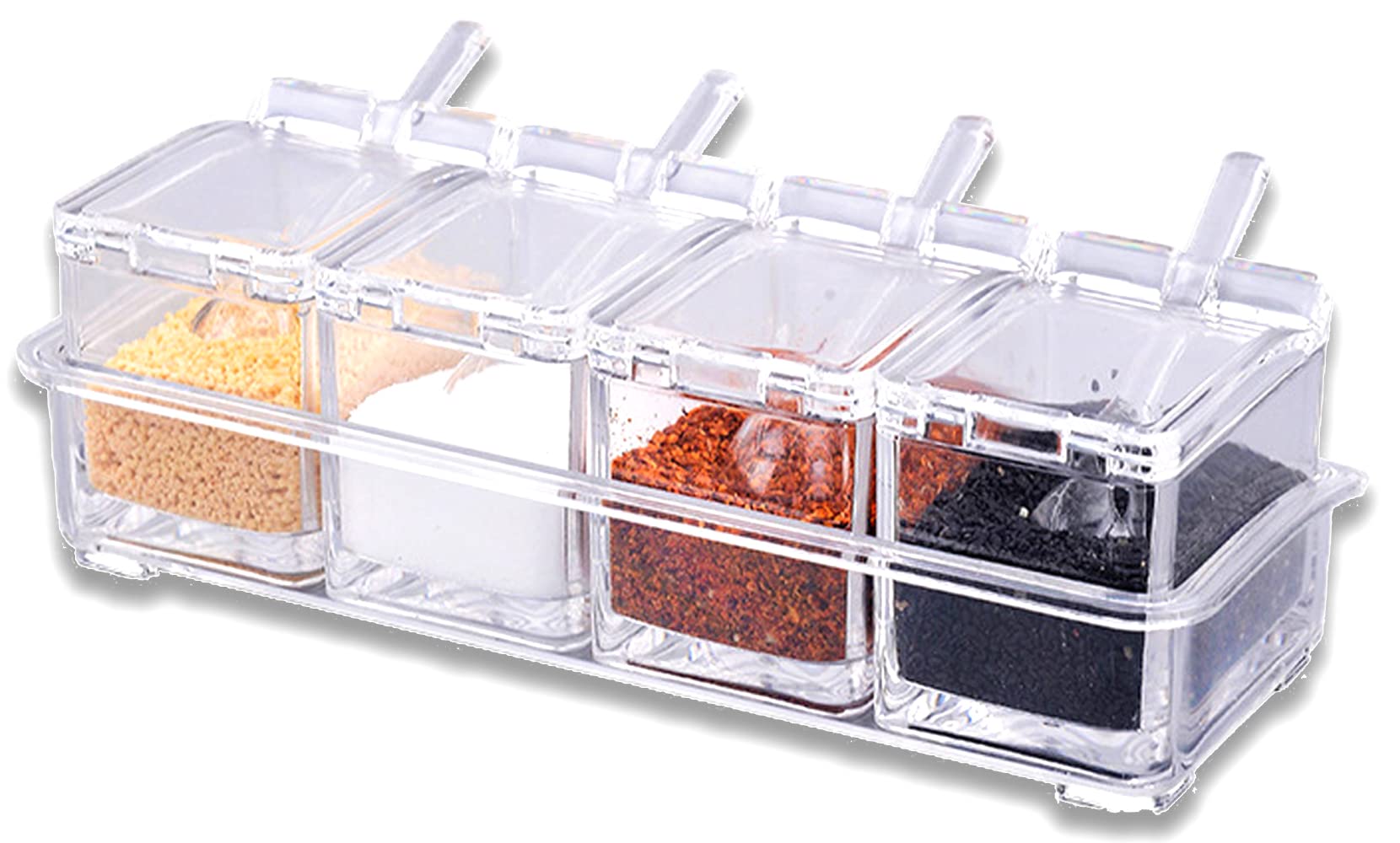 WAWW 4-Piece Clear Acrylic Spice Rack Set with Spoon Lids - Kitchen Storage Containers for Spices, Salt, Sugar & Seasonings (10.25 x 4.125 x 3.25 inch) - Perfect for Countertop Organization & Cooking Essentials