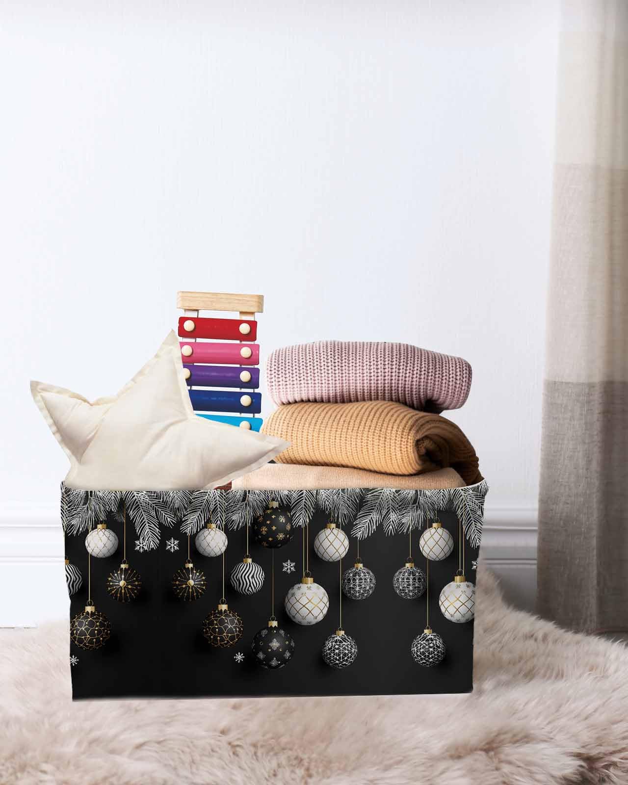 Large Collapsible Storage Bins with Handles - 2 Pack Christmas Themed Black & White Snowflake Design Storage Baskets for Shelves, Closet, Nursery Organization | Perfect for Holiday Decor, Home Storage & Kids Room Organization