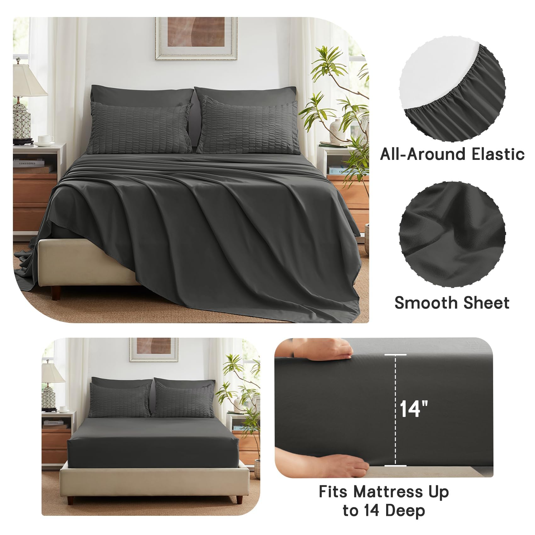 SunStyle Home King Size Comforter Set - 7 Piece Seersucker Bed in a Bag with Flat Sheet, Fitted Sheet, Pillowcases & Sham | All Season Lightweight Bedding for Comfortable Sleep | Dark Grey Luxury Bed Set for Master Bedroom, Guest Room & Dorm