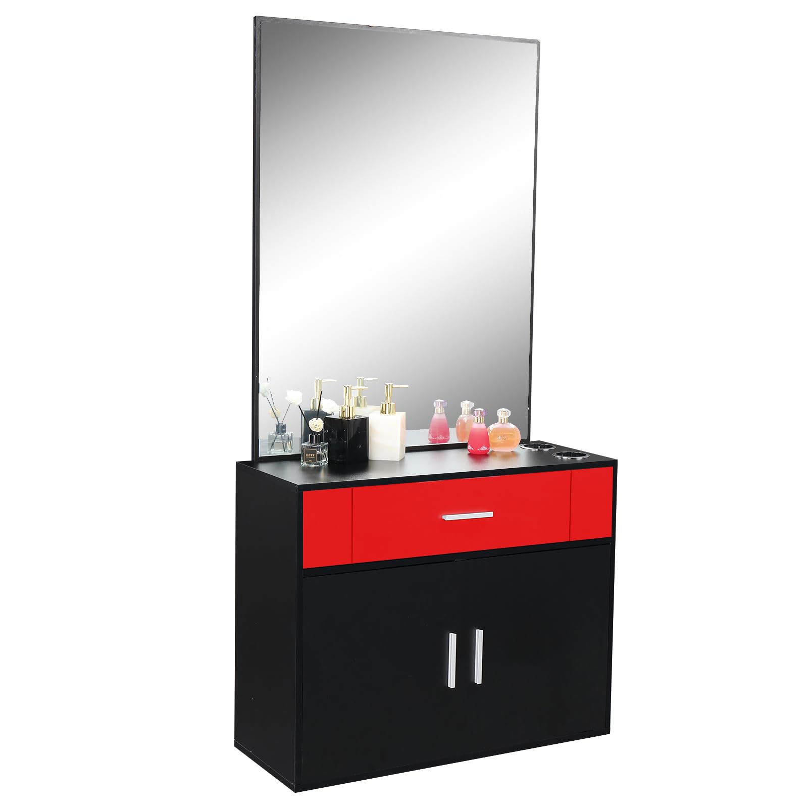 Professional Wall Mount Barber Salon Station - Hair Styling Equipment Set with Mirror, 2 Hair Dryer Holders, Drawer & Door - Beauty Spa Furniture for Barbershops & Salons (Red) - Perfect for Small Spaces & Home Use