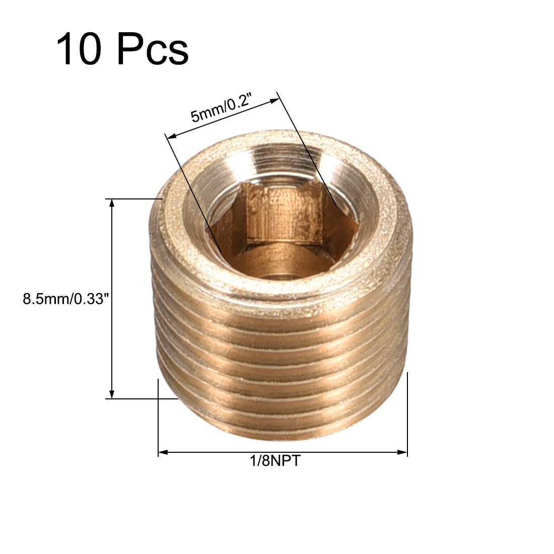 uxcell Brass Pipe Fitting - 10pcs 1/8NPT Male Hex Counter Sunk Plug with Socket Drive for Plumbing, Hydraulic & Pneumatic Systems - Perfect for DIY Home Repair, Industrial Machinery & Automotive Applications