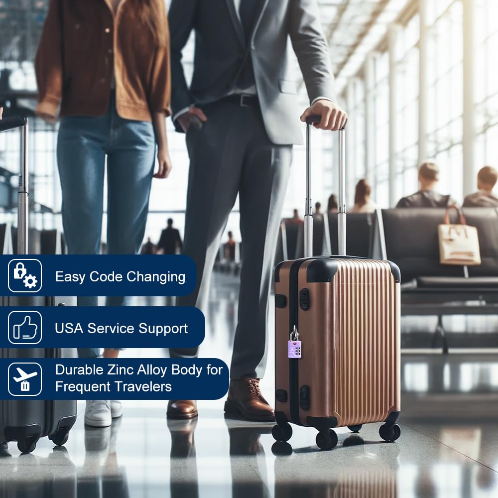 SURE LOCK TSA Approved Luggage Locks (2-Pack, Purple) - High Security Travel Locks with Open Alert, TSA008 Key & Easy Read Dials | Zinc Alloy Suitcase Locks for Airports, Gym & Travel Security