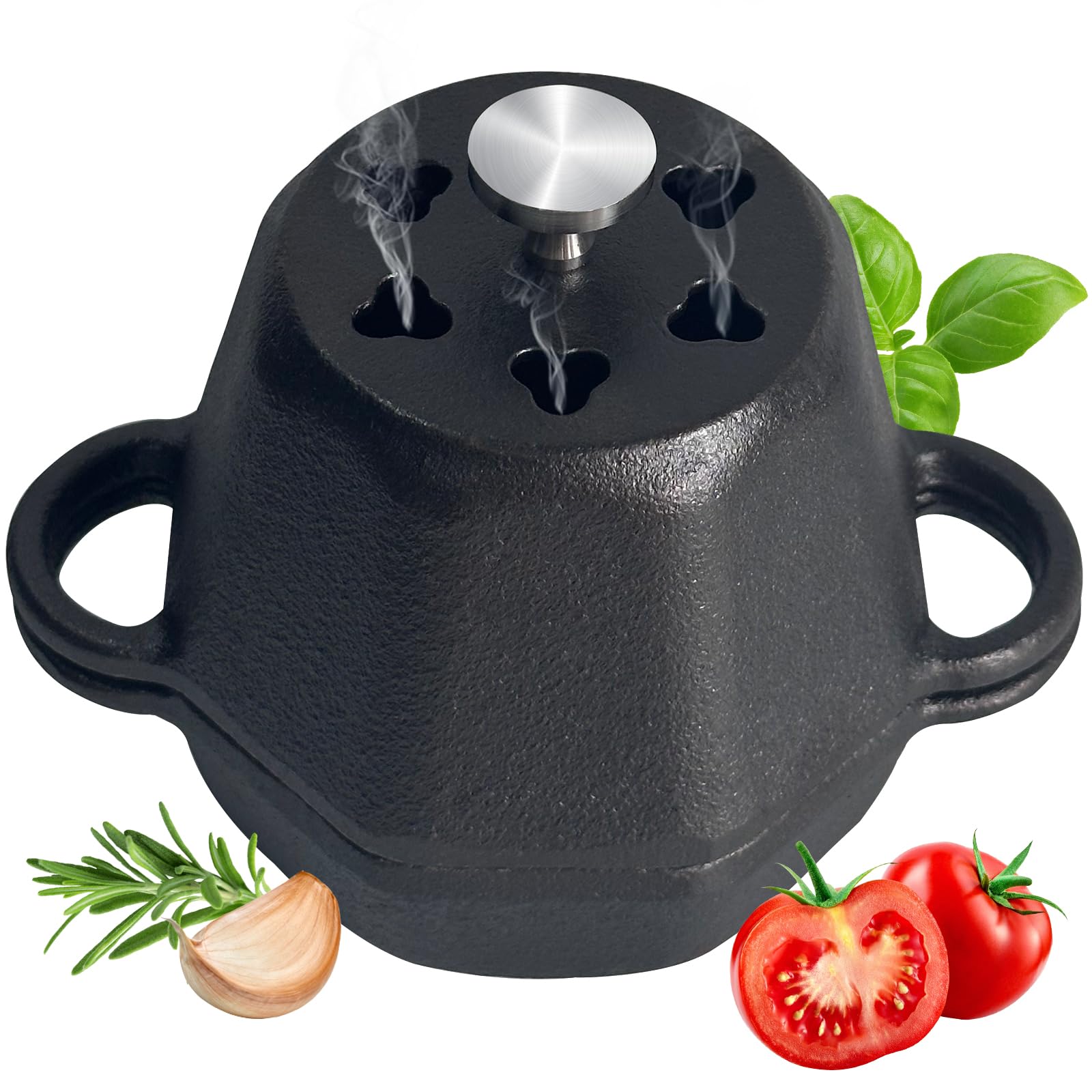 Premium Mini Dutch Oven & Cast Iron Smoker Garlic Roaster - Pre-Seasoned Cast Iron Garlic Baker with Lid for Oven, Grill, Stovetop - Perfect for Garlic Confit, Roasting, and Smoking - Ideal for Camping, Outdoor Cooking, and Home Kitchen Use