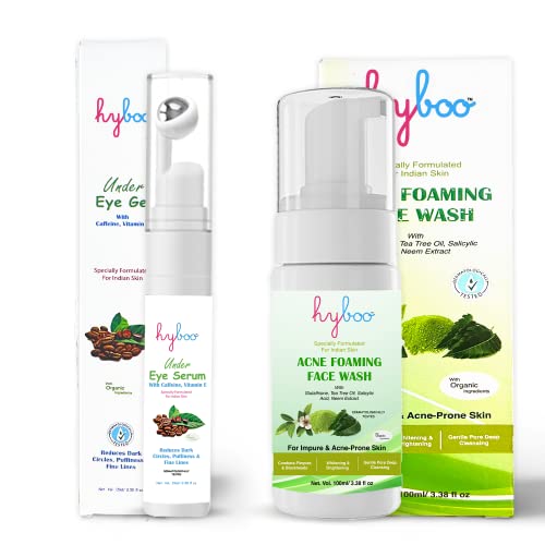 Hyboo Under Eye Gel (15g) & Acne Foaming Face Wash (100ml) Combo Pack for Men & Women - Dark Circle Treatment & Oil Control Skincare Set - Perfect for Daily Facial Care & Travel