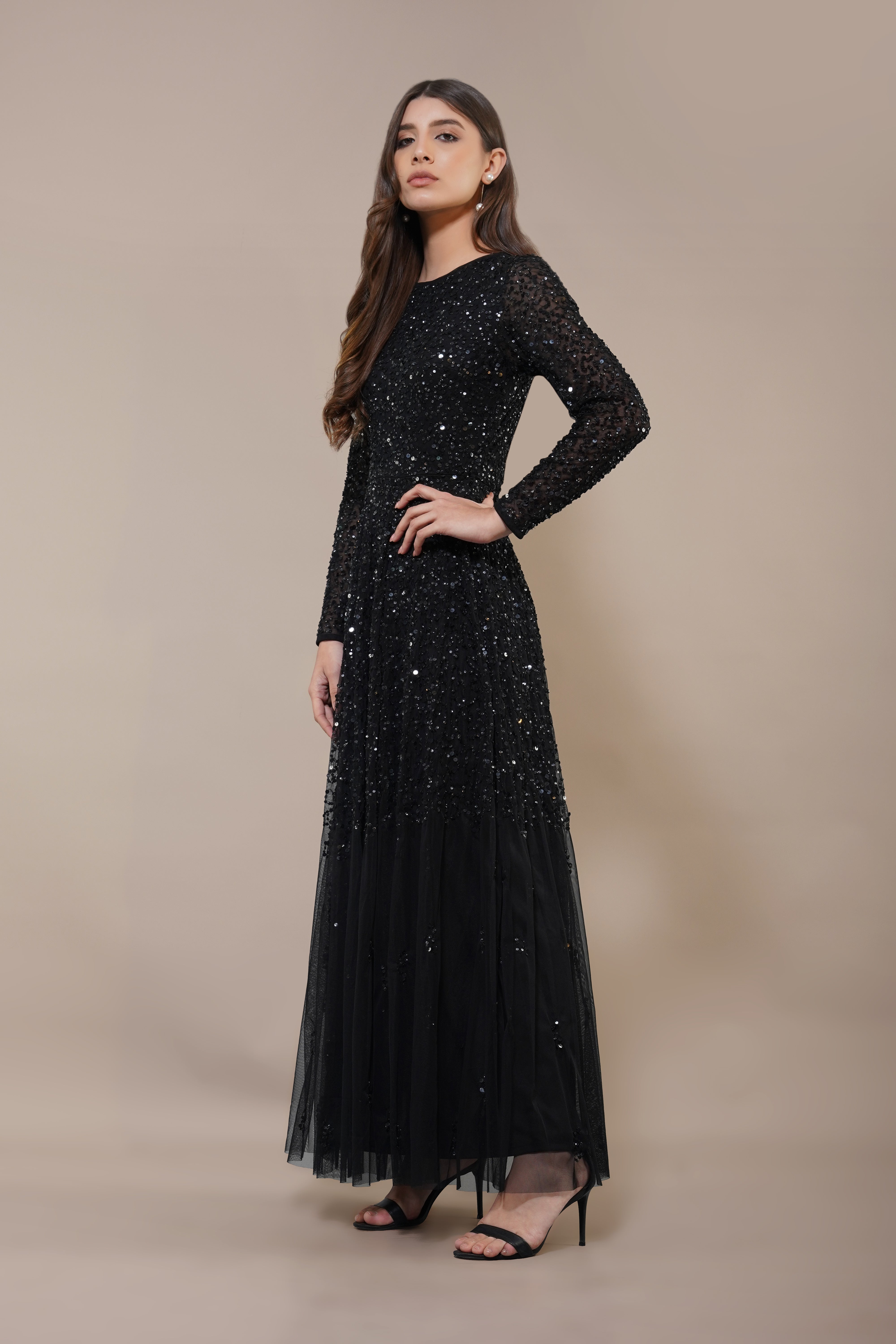Elegant Black Sila Long Sleeve Embellished Maxi Dress for Women - Perfect for Evening Parties, Weddings & Special Occasions