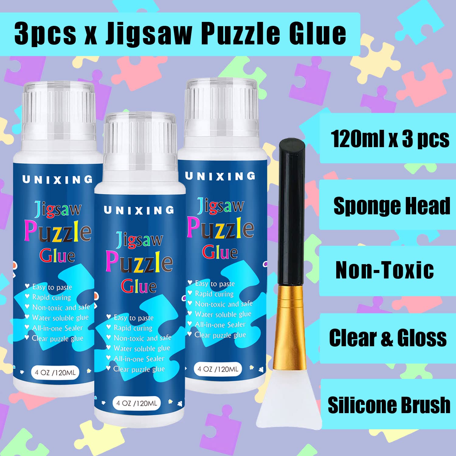 3PCS Clear Jigsaw Puzzle Glue with Sponge Head - Water Soluble Puzzle Adhesive & Protector for 3000/3500/5000 Piece Puzzles (3 Bottles X 120ML) - Perfect for Preserving and Framing Finished Puzzles as Home Decor or Gifts