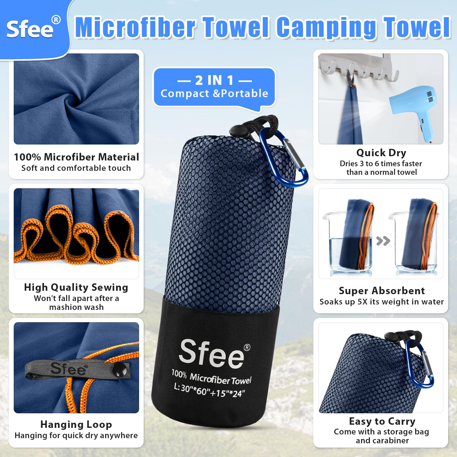Sfee 2 Pack Microfiber Travel Towel - Quick Dry, Super Absorbent & Lightweight Camping, Beach & Sports Towel for Gym, Hiking, Pool, Backpacking, Bath & Yoga | Perfect for Outdoor Adventures, Travel & Fitness Activities