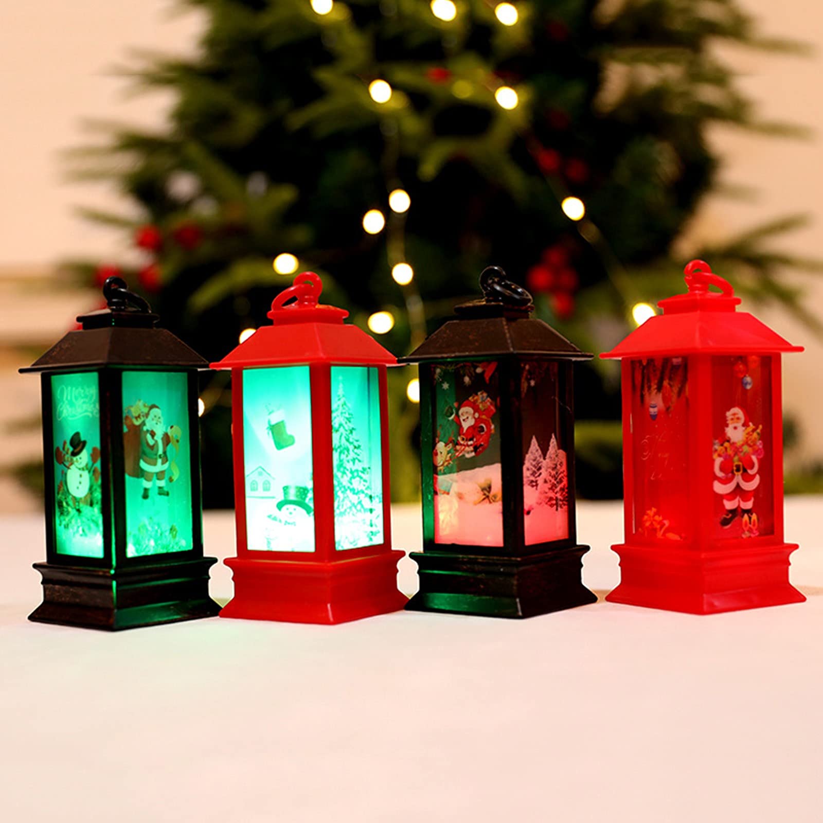 Vintage Christmas LED Lanterns - Portable 4-Sided Holiday Decor with Warm Lights, Perfect for Kids Party Supplies, Home Decoration & Outdoor Festive Atmosphere (Great for Tree Trimming, Gift Wrapping & Seasonal Photo Backdrops)