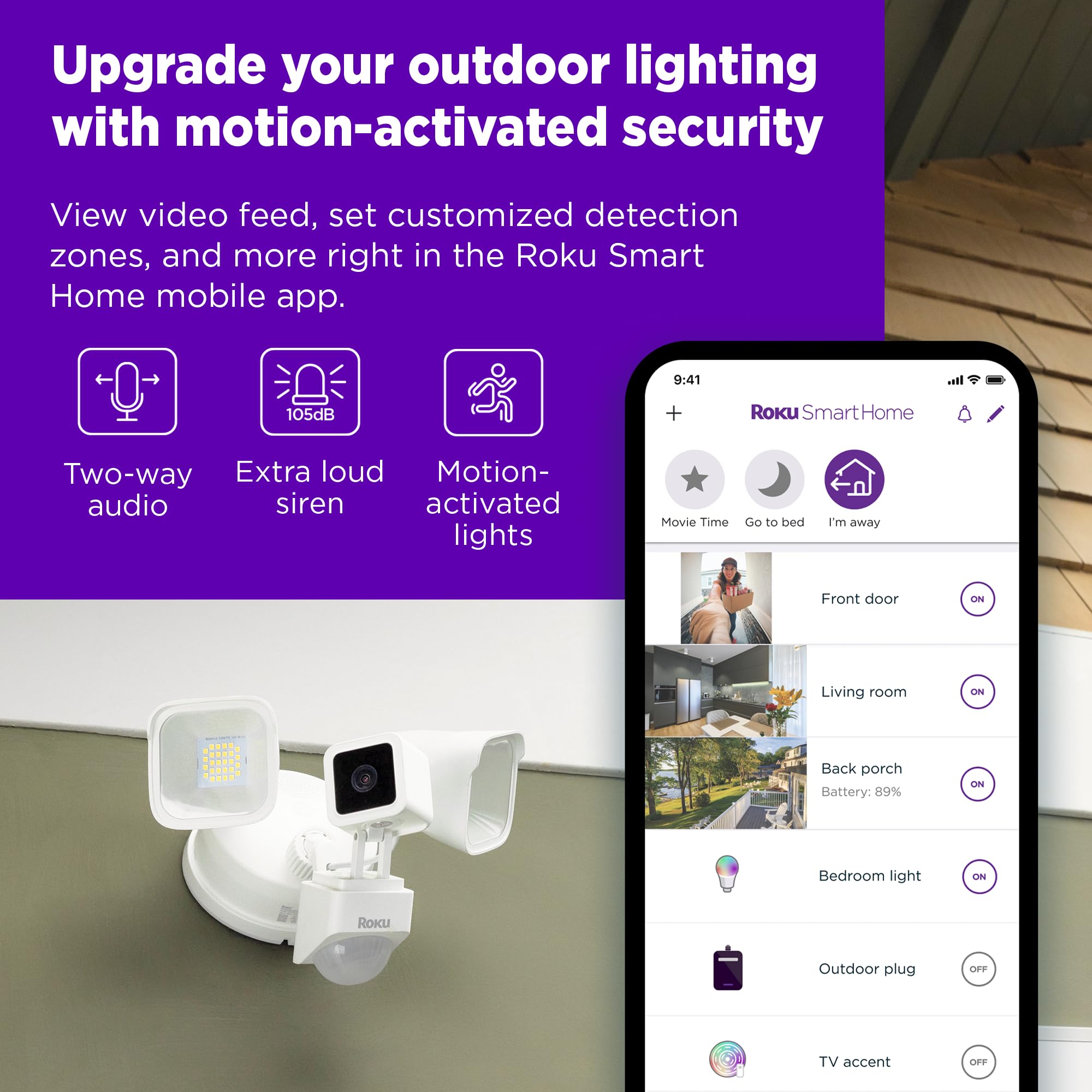 Roku Floodlight Camera - Wired Outdoor Security Camera with 270° View, 1080p HD Night Vision, Dimmable Floodlights, Motion & Sound Detection - Ideal for Home Security, Garage & Backyard Monitoring (90-Day Subscription Included)