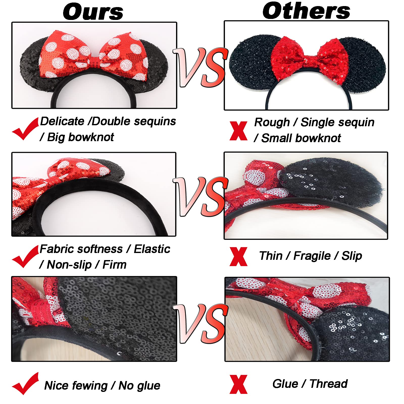 Sparkly Sequin Mouse Ear Headbands for Women & Girls - 2 Pack Classic Bow Headbands (Red Sequin & Red Dot) | Perfect for Disney Trips, Cosplay, Halloween & Theme Parties