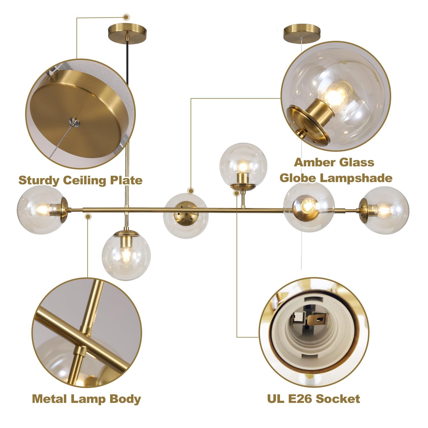 KCO Lighting 6-Light Amber Glass Linear Chandelier - Gold Brass Pendant Light Fixture for Kitchen Island & Dining Room | Modern Sputnik Ceiling Lighting for Home Decor