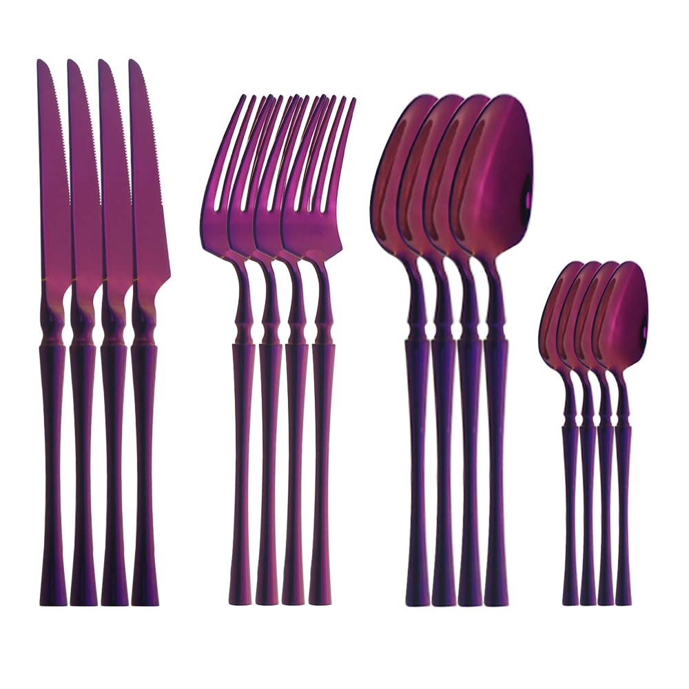 Premium 16-Piece Stainless Steel Flatware Set - 18/10 Silverware for 4 (Fork, Knife, Spoon) - Elegant Purple Dinnerware for Home, Kitchen & Party - Perfect for Formal Dining, Family Gatherings & Special Occasions