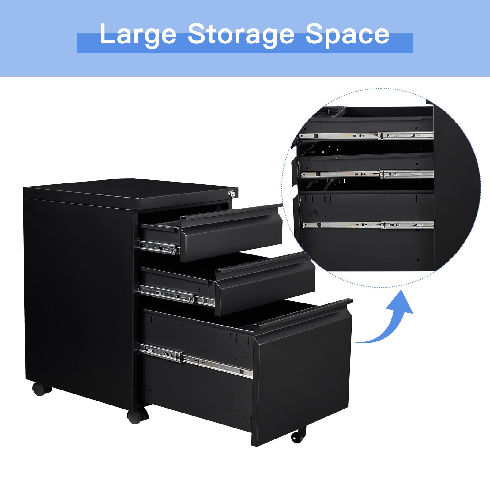Yizosh 3-Drawer Locking Mobile File Cabinet - Black Under Desk Rolling Storage Organizer for Legal/Letter/A4 Files - Heavy Duty Metal File Cabinet with Wheels (Fully Assembled) - Perfect for Office, Home, or Classroom Organization