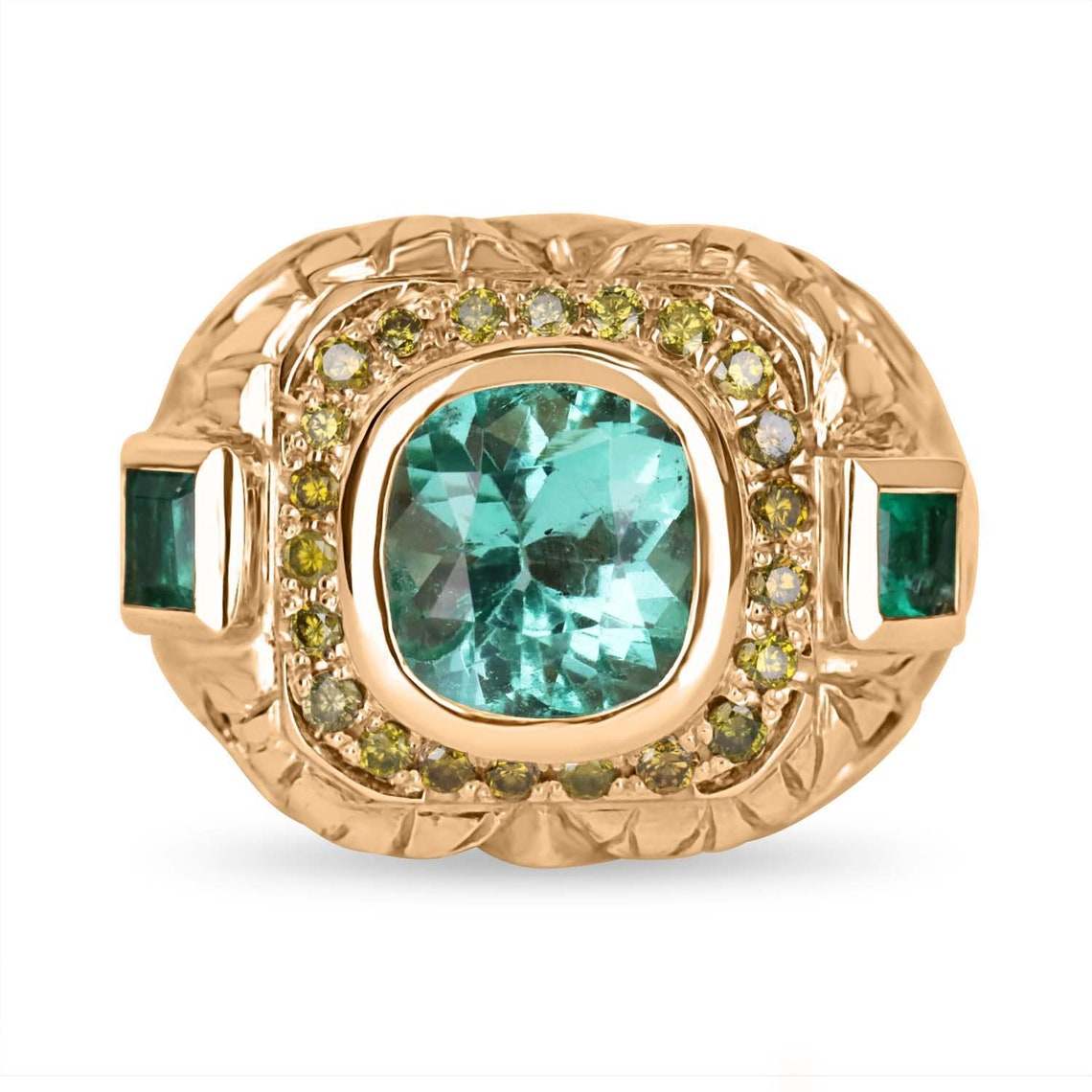 4.18tcw 14K Gold Colombian Emerald Cushion Cut & Princess Cut Yellow Diamond Accent Men's Ring for Wedding, Engagement & Special Occasions