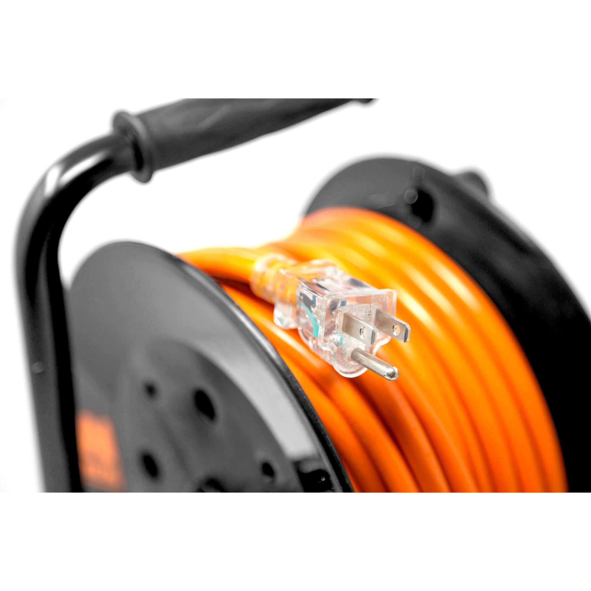 WEN PC5043R 50ft 14 Gauge Heavy Duty SJTW Outdoor Extension Cord Reel with Lighted NEMA 5-15R Outlet - Perfect for Power Tools, Holiday Lights & Outdoor Equipment