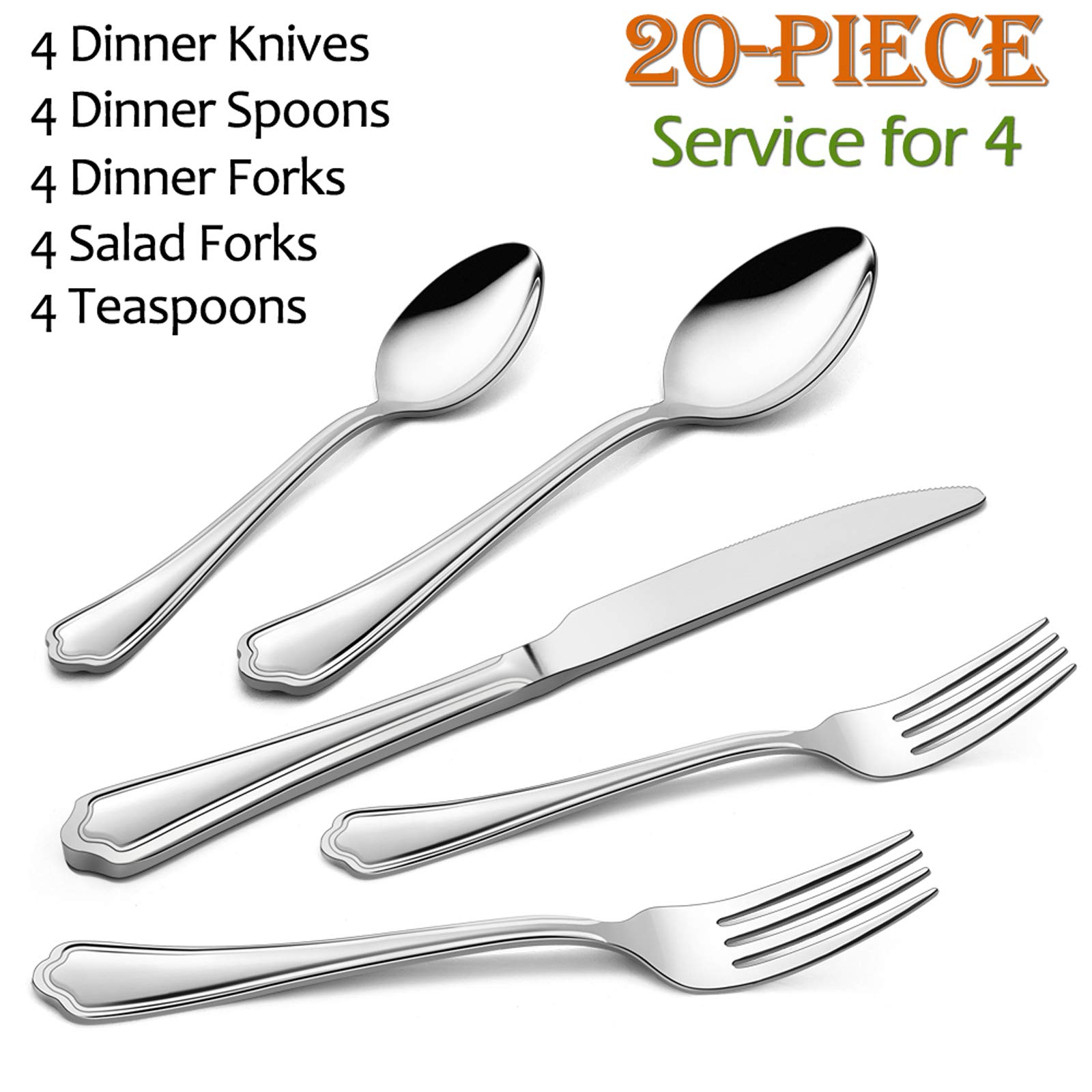 20-Piece Stainless Steel Flatware Set for 4 - Mirror Polished Silverware with Scalloped Edge - Dinner Knives, Forks & Spoons - Dishwasher Safe Cutlery Set - Perfect for Everyday Dining, Dinner Parties & Restaurant Use