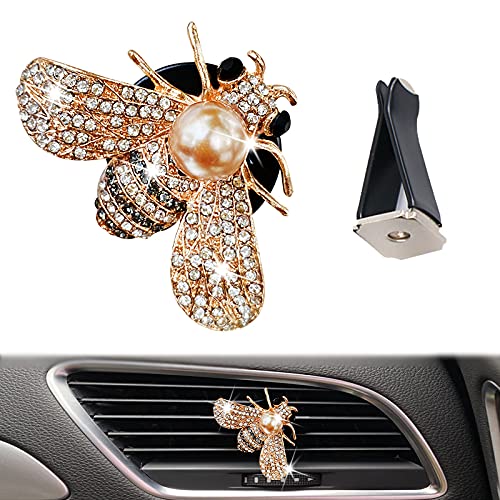 Shiny Bee Car Air Freshener - Pearl Diamond Bee Car Perfume Clip with Rhinestones for Dashboard, Vent & AC Outlet - Cute Bling Bee Charms Auto Interior Decor Accessories (Gold) | Perfect for Car, Office & Home Aromatherapy Decorations